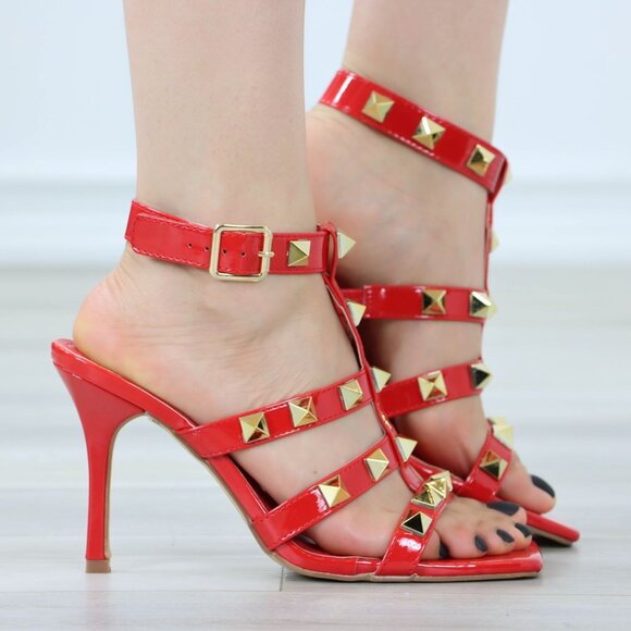Red Patent Leather Ankle Strap High Heels Sandals Square toe and Gold Studs - Picture 3 of 14